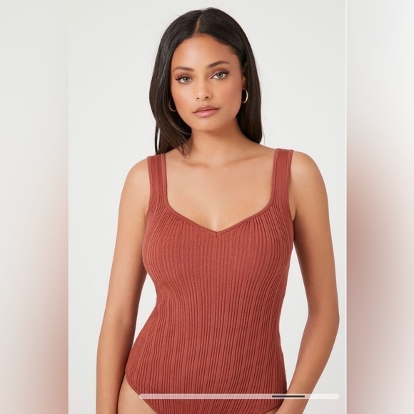 Forever 21 Ribbed Knit V-neck Bodysuit In Marsala Size L - Picture 3 of 3